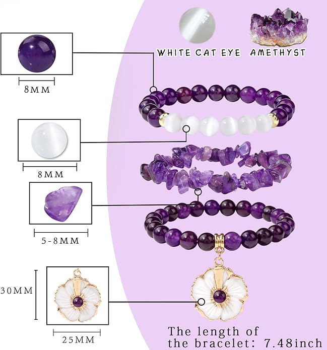 Healing Crystal Beaded Bracelets for Women,Natural Amethyst Gemstones Bracelet,Anxiety Stress Relief Heart Charm Bracelet Handmade purple Jewelry Gifts for Women