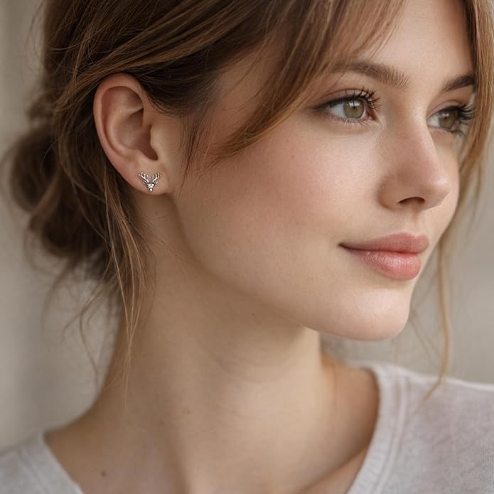 AeraVida Majestic Stag Deer Head .925 Sterling Silver Stud Earrings | Elegant Nature-Inspired Jewelry for Women | Unique Silver Animal Studs