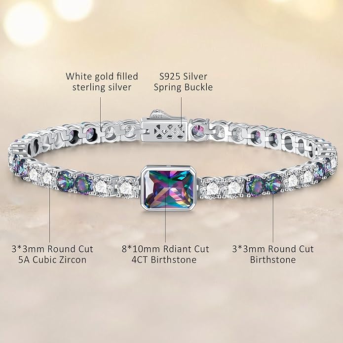Birthstone Bracelets for Women Birthday Gifts 4CT Radiant Cut Birthstone 4mm Sterling Silver White Gold Tennis Bracelets for Women Round Cut 5A Cubic Zirconia Bezel Setting 7 Inch