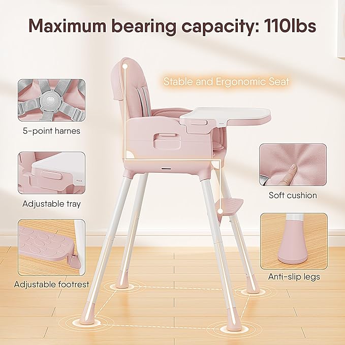 3-in-1 Portable Baby High Chair for Babies and Toddlers, Convertible Easy Clean Infant Foldable Highchair with Adjustable Legs & Dishwasher Safe Tray, Pink