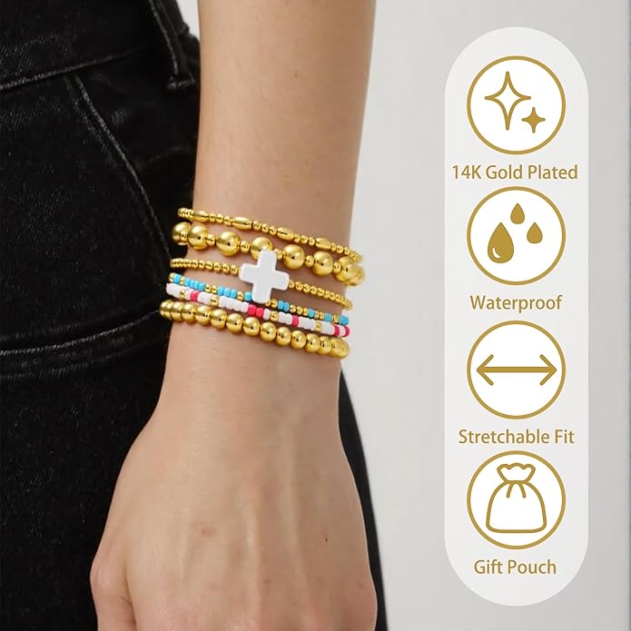 Gold Bracelets for Women Waterproof, 14K Gold Plated Beaded Cross Bracelets Set,Boho Stretch Bracelets Stackable Jewelry for Women Teenage Girls Jewelry Christmas Gifts