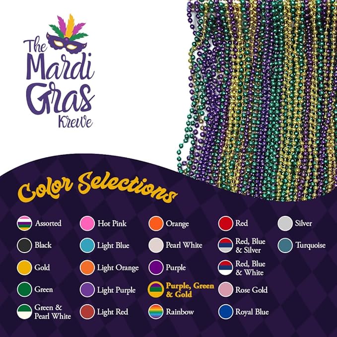 THE MARDI GRAS KREWE - Beads Necklaces Mardi Gras 72 Pack, 6 Dozen 33" 7mm - Party Favors, Parades, Bulk Decorations, Costumes, Festivals, Events - Purple Green Gold