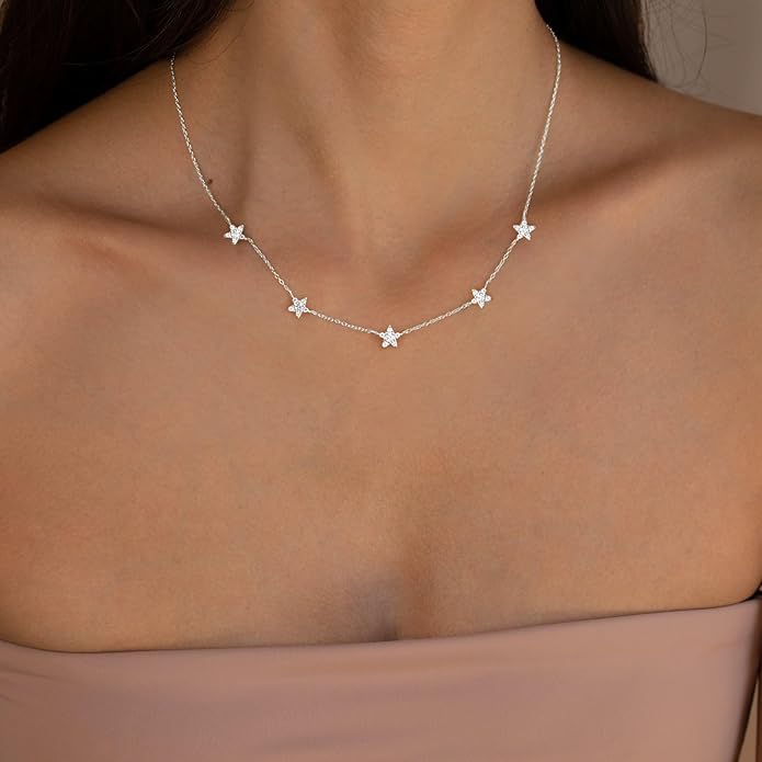 VRIUA Necklaces for Women - 14K Gold/Silver Plated Dainty Chain Necklace with Five Charms: Diamond, Bow, Snowflake, Cross, Flower, Clover, Butterfly, Heart, Star of David, and Star Trendy Jewelry