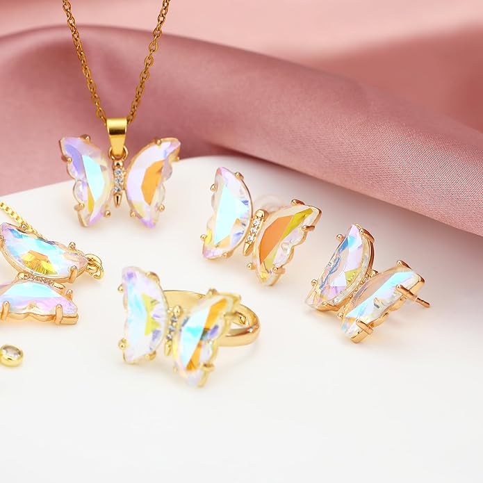 MISS RIGHT Butterfly Crystal Jewelry Set with Butterfly Necklace Stud Earrings Bolo Bracelet Adjustable Ring for Women Trendy, Iridescent Y2K Dainty Butterfly Jewelry Gifts