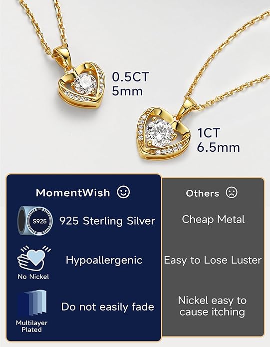 MomentWish Heart Necklace for Women Moissanite, Simulated Diamond, 925 Sterling Silver