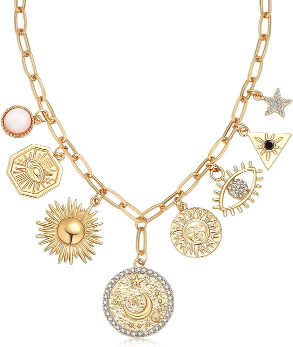 Charm Necklace for Women Gold Evil Eye Sun Moon Flower Coin Pendant Necklace Dainty Paperclip Chain Vintage Luck Amulet Choker Necklaces Celestial Jewelry Gift