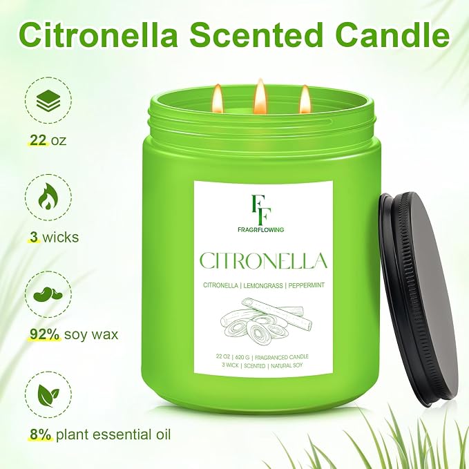 Citronella Large Scented Candle Outdoor Indoor, 3-Wick 22oz Long Lasting - Image 2