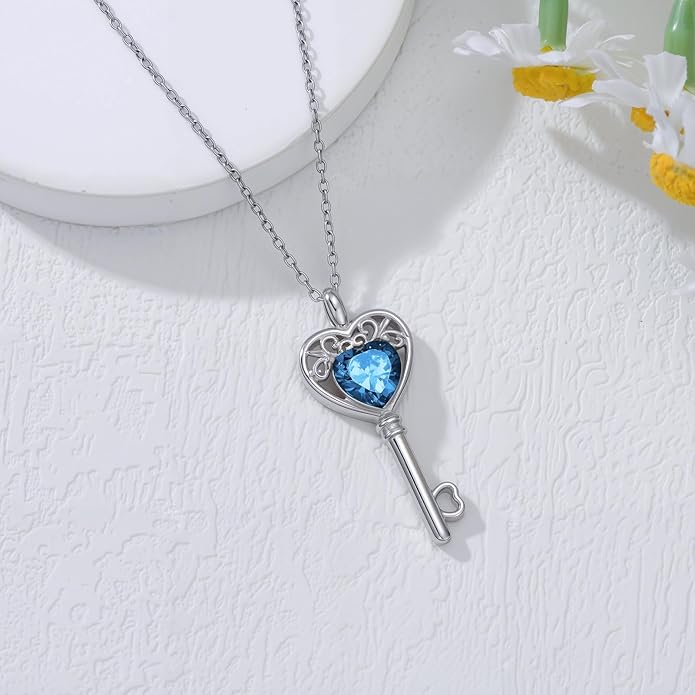 WSX Heart Key Birthstone Necklace for Women 925 Sterling Silver Love Key Pendant with Birthstone Valentine's Day Anniversary Jewelry Gift for Her