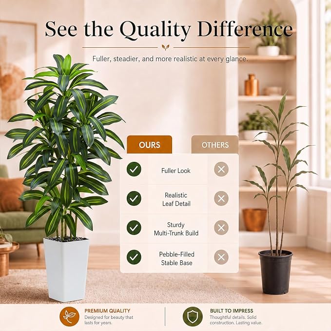 Artificial Dracaena Tree: 5FT Fake Plants Silk Faux Trees（White Pot） | - Image 7