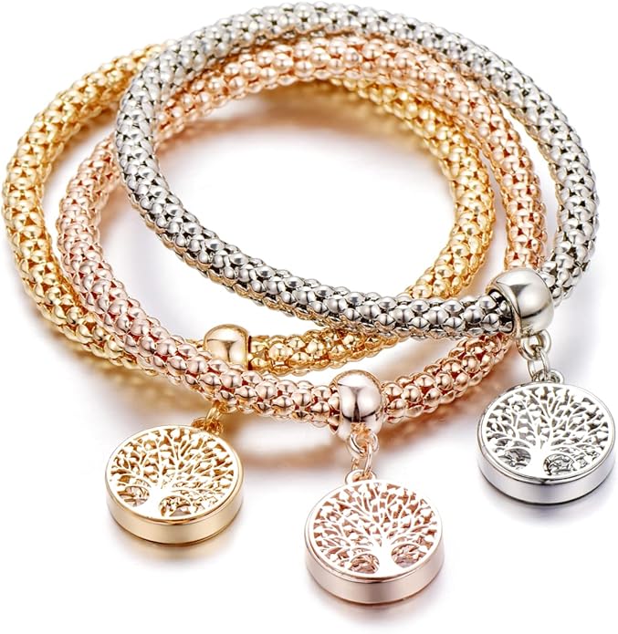 Crystal Charms Multilayer Bracelets - 3PCS Gold/Silver/Rose Gold Corn Chain Bracelet for Women, Tree of Life Heart Shaped Stretch Bracelet
