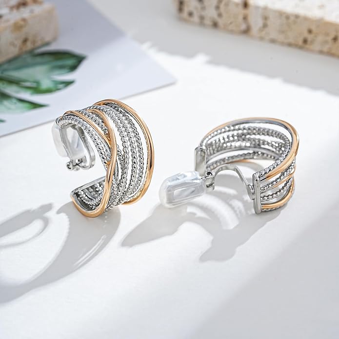 Gold and Silver Clip-On Earrings Two Tone Mixed Metal Clip-On Earrings Chunky Hoop Clip Earrings