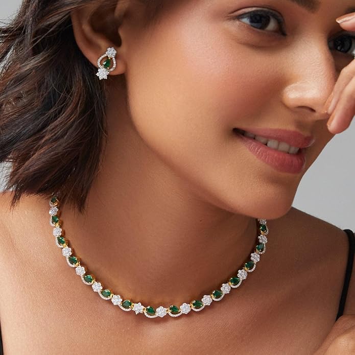 TARINIKA Green and White Cubic Zirconia(CZ) Indian Necklace Set with Earrings, Gold Plated Brass Fashion Indian Jewelry Gift for Women Bollywood Costume Jewellery