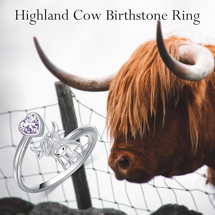 Highland Cow Ring 925 Sterling Silver Adjustable Ring Birthstone Ring Engraved Name Highland Cow Gifts Jewelry for Women