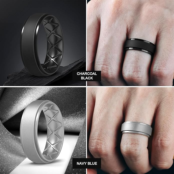 Egnaro Men's Rings 8.5mm Wide-2mm Thick Inner Arc Ergonomic Breathable Rubber Wedding bands-Hypoallergenic for Gym/Outdoor/Gift((1-7 Variety Pack with Half Size)