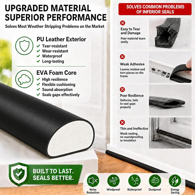 10FT Weather Stripping Door Seal, Self-Adhesive PU D-Shaped Seal Strip - Image 2