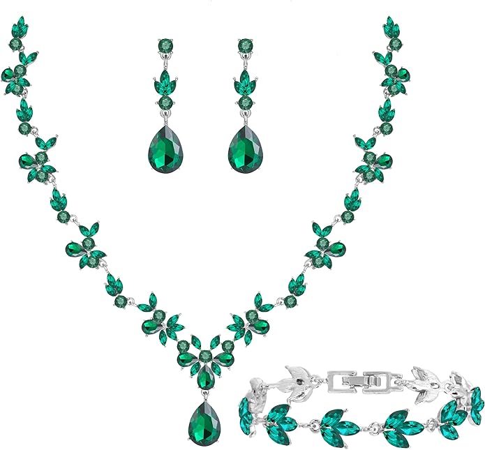 Bridal Wedding Elegant Floral Jewelry Set for Women/Brides/Bridesmaids Crystal Jewelry Set for Wedding Prom Party Bridal Crystal Necklace Earrings Bracelet Set