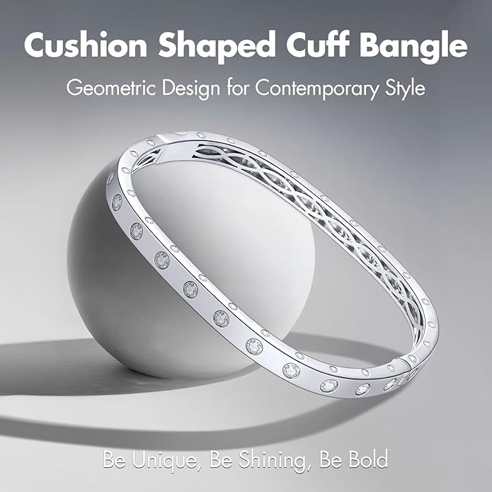 Eternity Bracelets for Women - Cushion Shape Bangle Bracelets | White Gold Bangles Non-Tarnish | Wedding Anniversary Birthday Gifts for Her