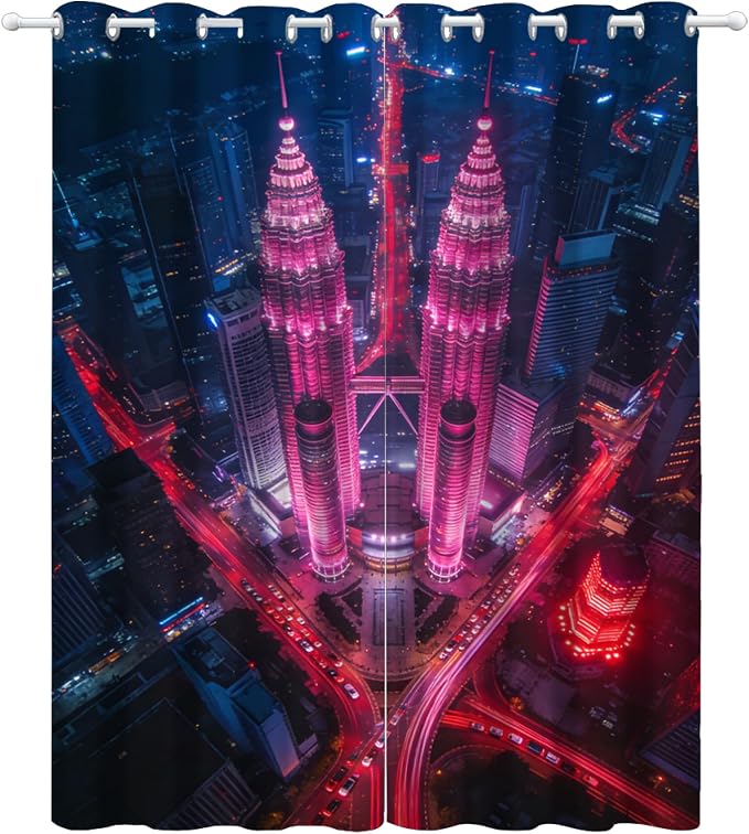 Night View of the Twin Towers Curtain, City Aerial Photography Curtains - Image 4