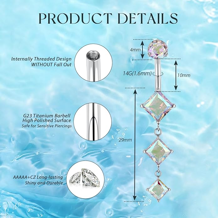 GAGABODY G23 Titanium Belly Button Ring Dangle Belly Rings Belly Piercing Jewelry 14G 3/8 inch 10mm Navel Barbell CZ Navel Piercing Ring