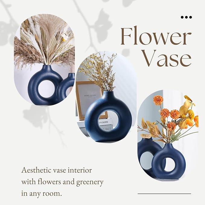 Blue Ceramic Donut Vase Set of 2, Hollow Round Matte Pampas Flower Vases - Image 4