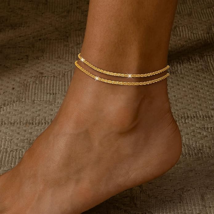 Risamil 14K Gold Plated Ankle Bracelets for Women, Anklets for Women Waterproof Layered Ankle Bracelets for Women Teen Girl Herringbone Anklet Set Summer Foot Jewelry Gifts