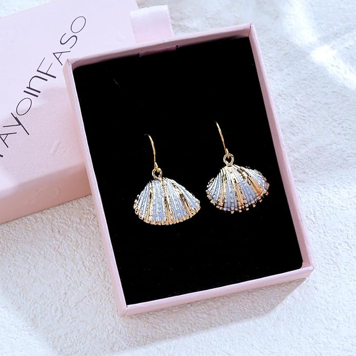 Beach Summer Sea Shell Earrings For Women, Tropical Natural Scallop Shell Jewelry Boho Earring Set Bulk Pack Vacation Dangling Drop Light Formal