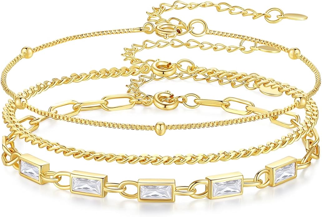 Gold Birthstone Bracelet for Women, 18K Gold Plated Layered Jewelry Bracelet Set, Womens Dainty Stackable Bracelets Link Paperclip Chain Valentines Day Gift for Wife Her