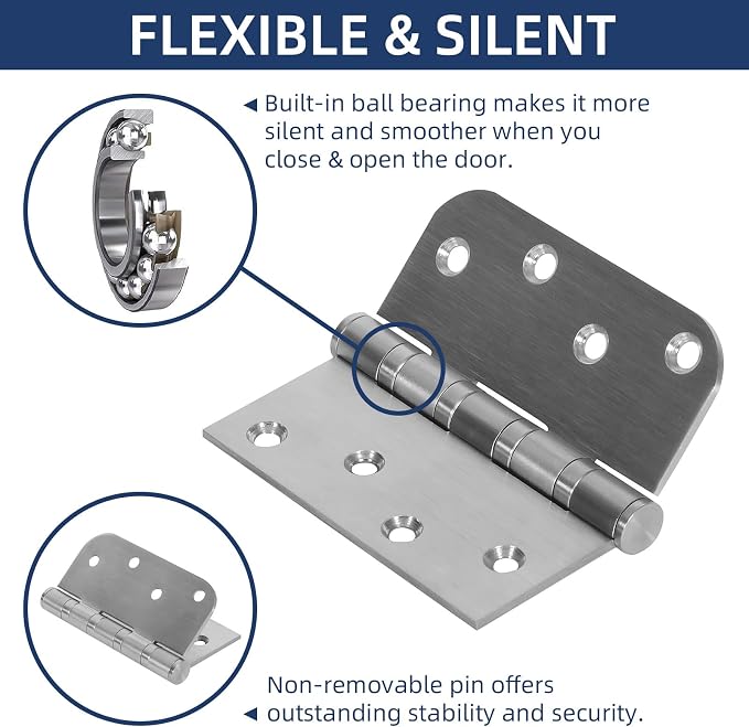 3 Pack Ball Bearing Door Hinges, 4 Inch x 4 Inch Heavy Duty Stainless Steel - Image 4