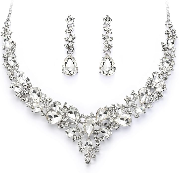 BriLove Women's Wedding Bridal Austrian Crystal Teardrop Cluster Statement Necklace Dangle Earrings Jewelry Set