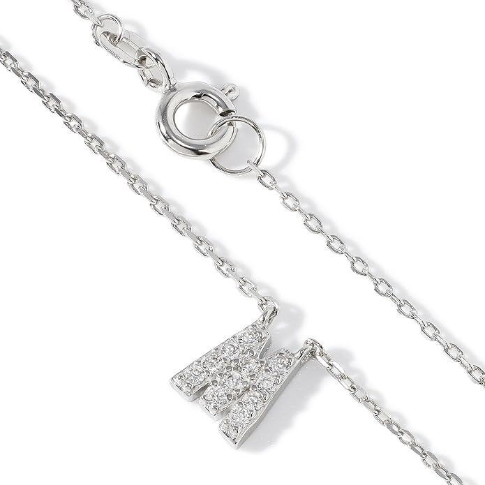 JTV Sterling Silver Initial Necklace for Women, 0.13 CTW White Cubic Zirconia Letter Pendant, Rhodium-Plated, Personalized Monogram Jewelry, Gift Box Included, 18”