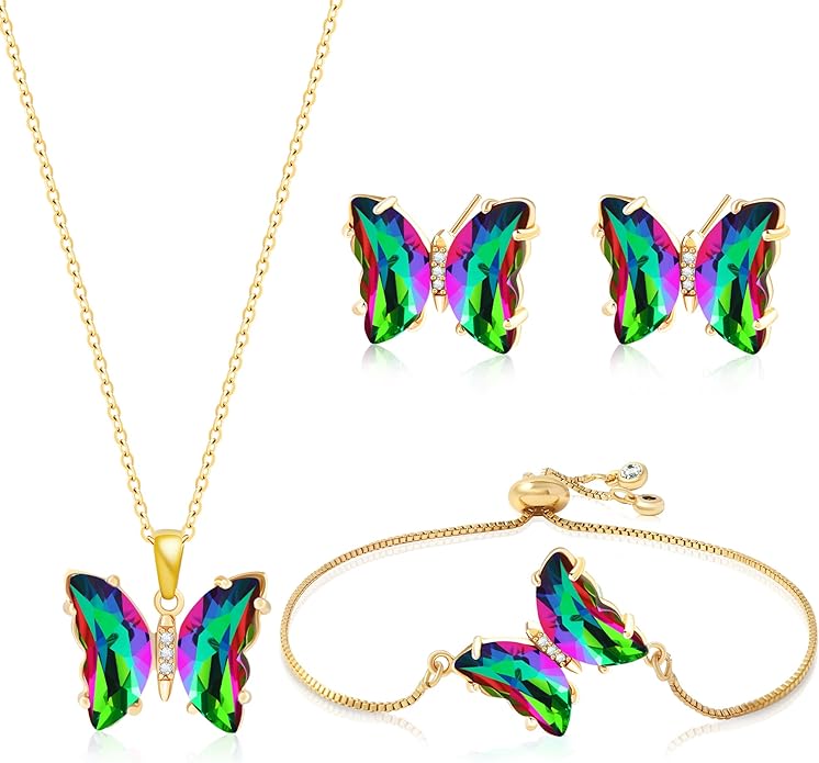 MISS RIGHT Butterfly Crystal Jewelry Set with Butterfly Necklace Stud Earrings Bolo Bracelet Adjustable Ring for Women Trendy, Iridescent Y2K Dainty Butterfly Jewelry Gifts
