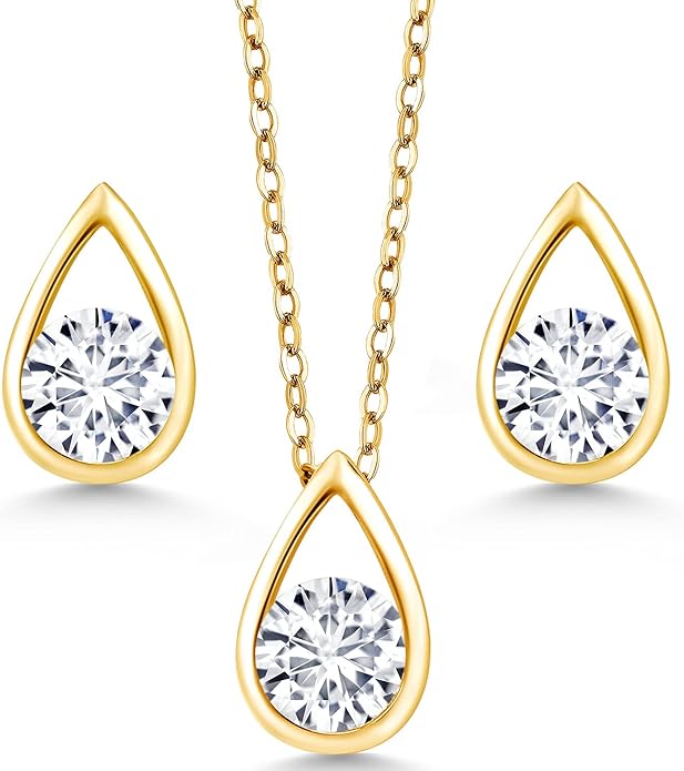 Gem Stone King 18K Yellow Gold Plated Silver 5MM Round Gemstone Birthstone Teardrop Pendant Earrings Set | Jewelry Set for Women | With 18 Inch Chain