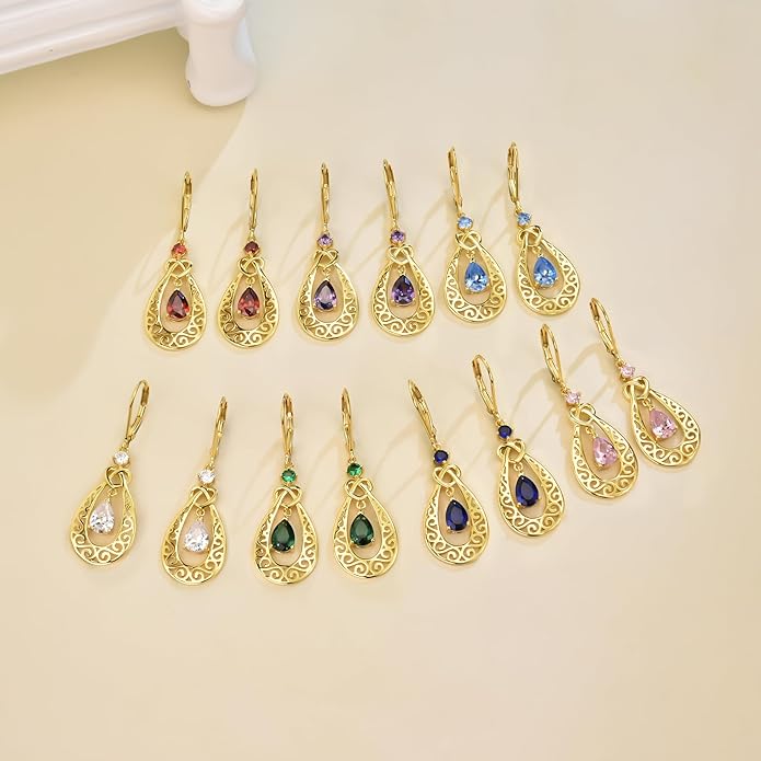 Teardrop Birthstone Dangle Drop Earrings Sterling Silver Infinity Filigree Leverback Earrings, Infinity Love Birthday Anniversary Valentines Day Gifts for Her Women Mom Wife