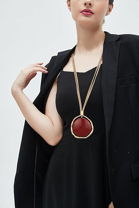 GelConnie Leather Necklace for Women Large Pendant Long Brown Necklace Circle Leather Choker Vintage Sweater Necklace Gold Chunky Boho Necklaces for Women