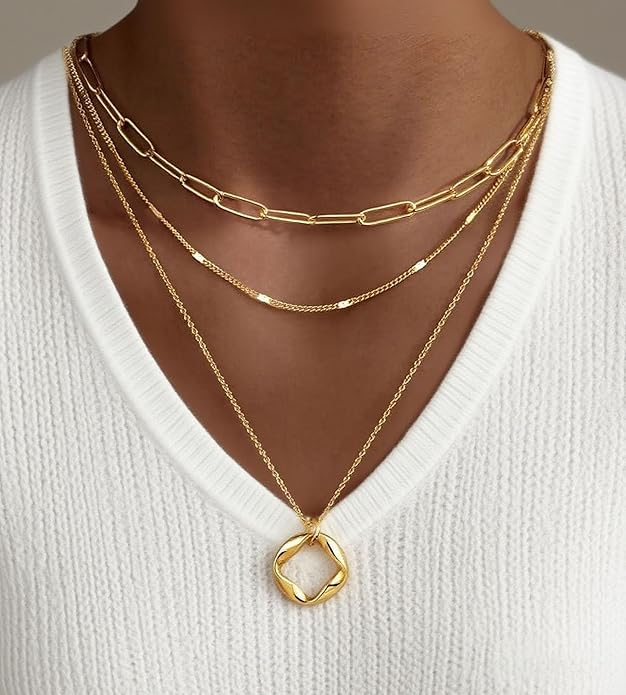 YEEZII Layered Gold Necklaces for Women Trendy, 3 Pcs 14K Gold Plated Choker Paperclip Box Chain Necklace, Stackable Women's Gold Pendant Necklaces Jewelry Set