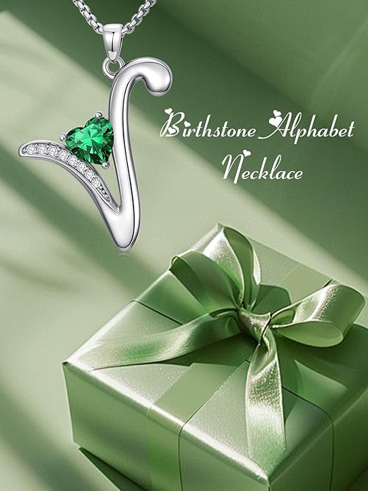 Valentines Day Gifts for Women Alphabet A to Z Initial Birthstone Pendant Necklaces for Women - 18k White Gold Plated Personalized Name Jewelry Valentine Mothers Day Birthday Gifts for Women Her Girlfriend