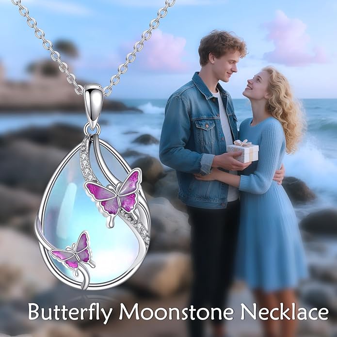 KQF Dragonfly/Butterlfy/Cat/Jellyfish/Bunny/Axolotl/Bee/Mermaid/Hummingbird/Elephant Necklace for Women Sterling Silver Moonstone Pendant Necklace Dragonfly Jewelry Gifts for Women