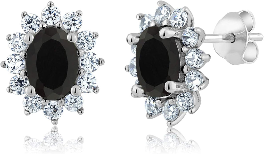 Gem Stone King 7X5MM Oval Gemstone Birthstone Stud Earrings For Women | Princess Diana Royal Halo Style | 925 Sterling Silver | Fine Jewelry Gifts for Anniversary Wedding Her Mom Women Wife
