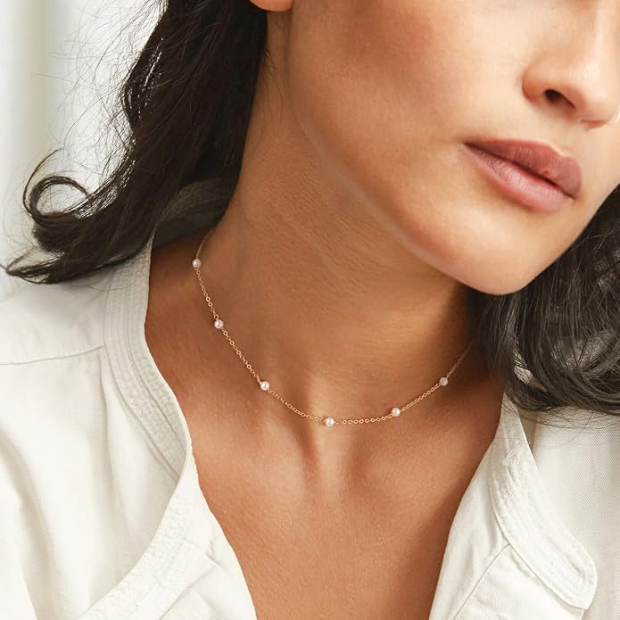 CHESKY 14k Gold Plated/Silver Plated Dainty Necklace for Women, Trendy Satellite Choker Necklace Thin Beaded Layered Choker Necklaces Discs Paperclip Chain Necklaces Womens Simple Jewelry