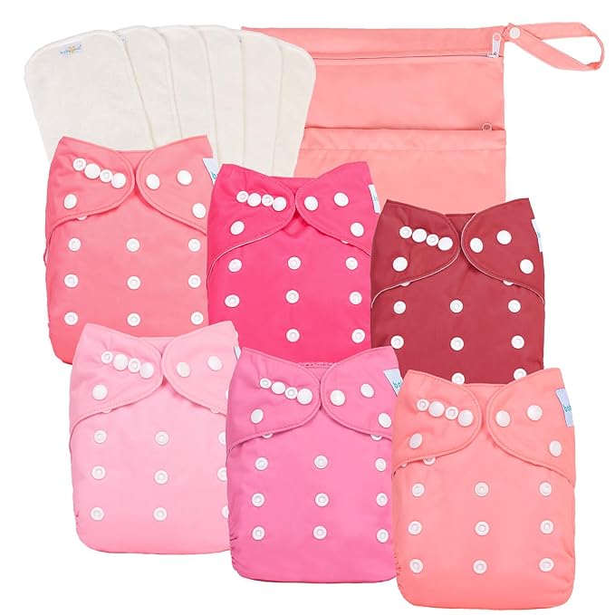 babygoal Baby Girl Cloth Diapers 6 Pack with 6pcs Inserts and Wet Bag, Reusable Waterproof Diaper Covers for Toddlers with Snap Closure