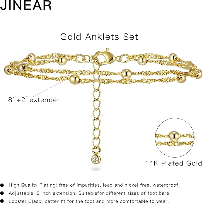 JINEAR Gold Ankle Bracelets for Women，14K Gold Plated Waterproof Chain Herringbone Layered Beaded Anklets Adjustable Summer Beach Jewelry Gift for Women