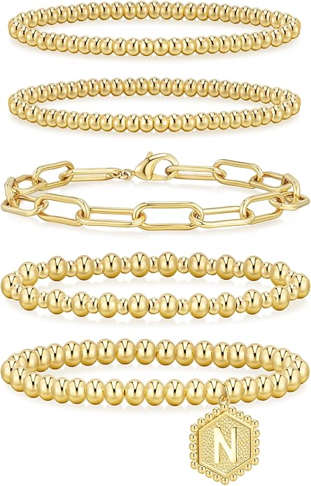 adoyi Valentines Day Gifts for Her Gold Bracelets for Women Waterproof, 14K Gold Plated Beaded Strand Bead Ball Bracelets stack Adjustable Jewelry Set for Gifts
