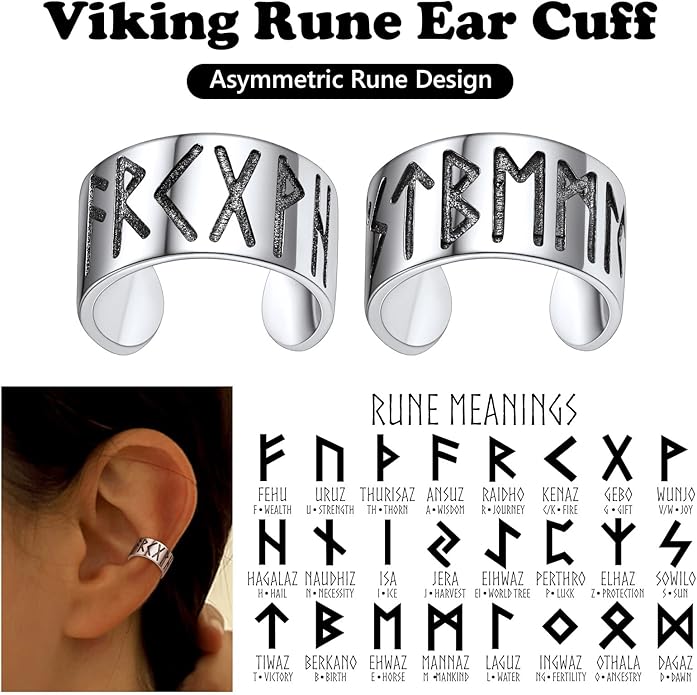 Silvora Ear Cuff 925 Sterling Silver Viking Runes Earrings for Men Women Viking Jewelry with Gift Box