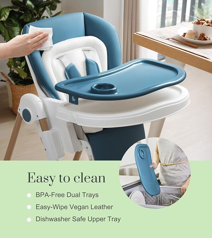 Mallify Foldable High Chairs for Babies and Toddlers, 3-in-1 Convertible Baby High Chair with Removable Soft Cushion and Tray, Adjustable Height & Recline, Lockable Wheels, Dark Blue