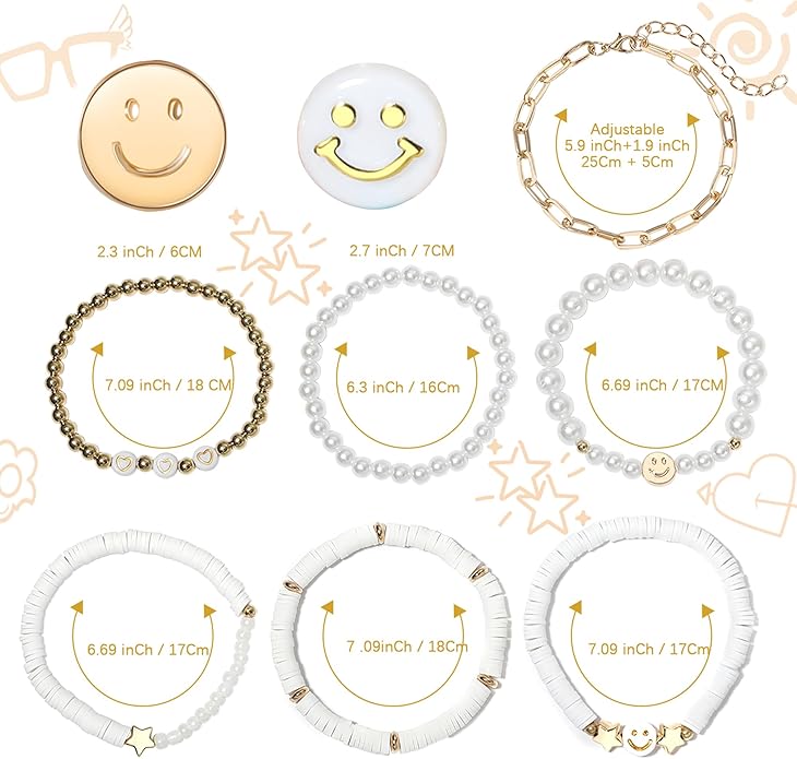 Preppy Bracelets Set Colorful White Gold Smile Heart Star Polymer Beaded Pearl Clay Stackable Charm Y2K Kidcore Aesthetic Summer Beach Bohemian Stretch Layering Bracelets Jewelry for Girls Women Teens