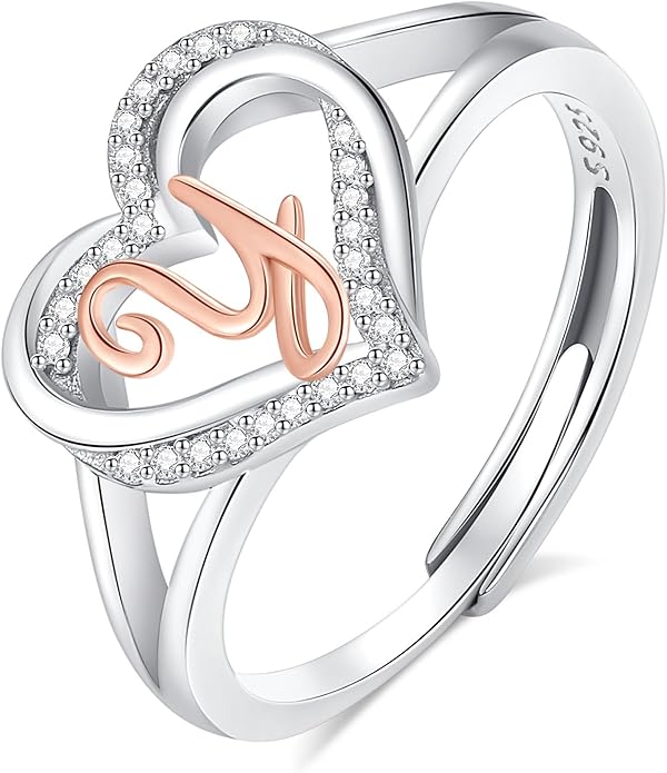 INFUSEU 925 Sterling Silver Initial Heart Ring for Women Girls, Adjustable Size