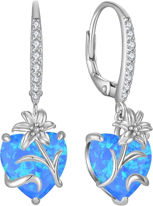 YL Heart Dangle Earrings for Women Sterling Silver Lily Flower Leverback Earrings Created Opal Flower Jewelry