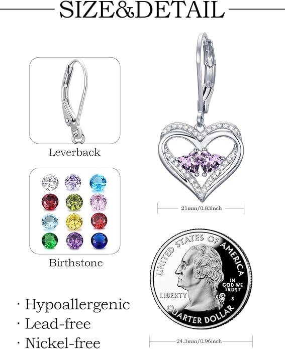 Valentines Day Gifts for Women, Heart Leverback Earrings Double Birthstone Dangle Earrings for Women, Love Jewelry for Her, Anniversary Birthday Gift for Mom Wife Girlfriend