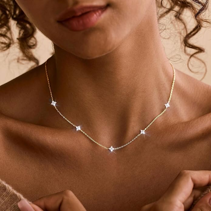 VRIUA Necklaces for Women - 14K Gold/Silver Plated Dainty Chain Necklace with Five Charms: Diamond, Bow, Snowflake, Cross, Flower, Clover, Butterfly, Heart, Star of David, and Star Trendy Jewelry
