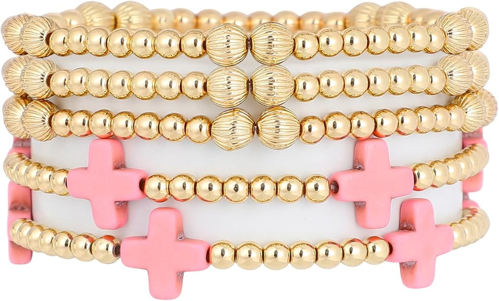 Gold Plated Beaded Bracelets for Women Trendy, 14K Gold Plated Stack Cross Pearl Gold Plated Bead Stretch Bracelets Set Elastic Hypoallergenic Bracelets Jewelry Gifts